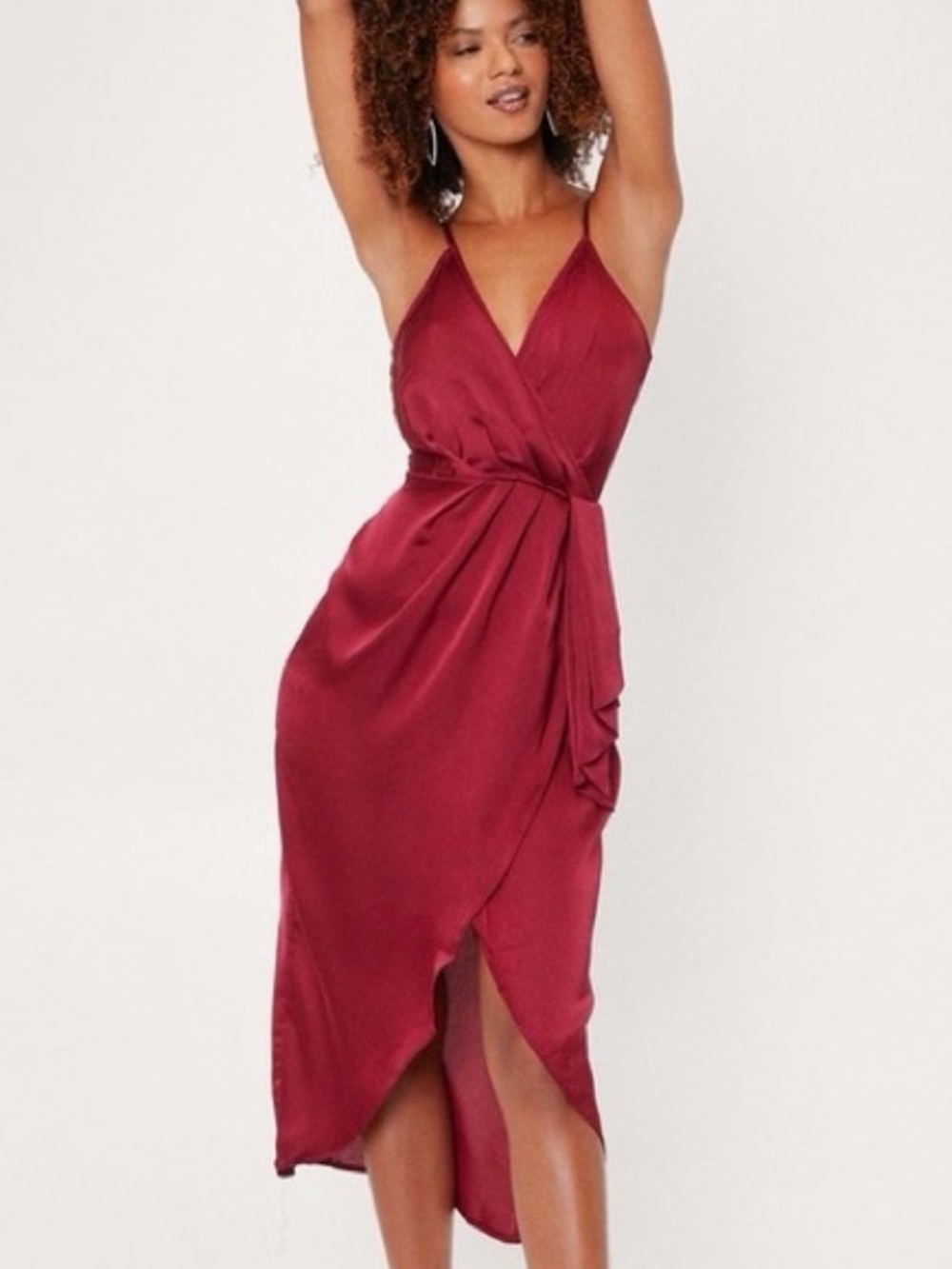 Nasty Gal Love at First Sight Deep Red Faux Wrap Slip Midi Dress Size 2
